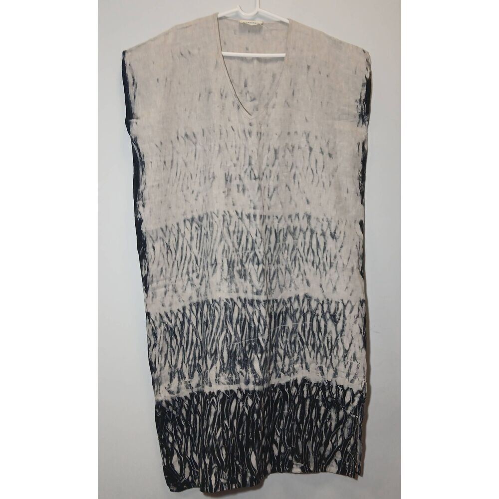 Launderette womens xl long dress maxi kaftan 100% linen art wear beige black - Picture 5 of 8
